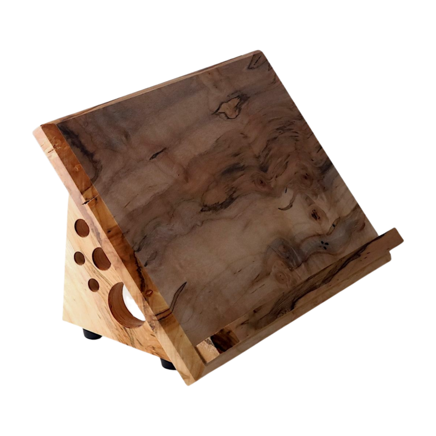 Wooden book stand with a natural grain pattern on a white background