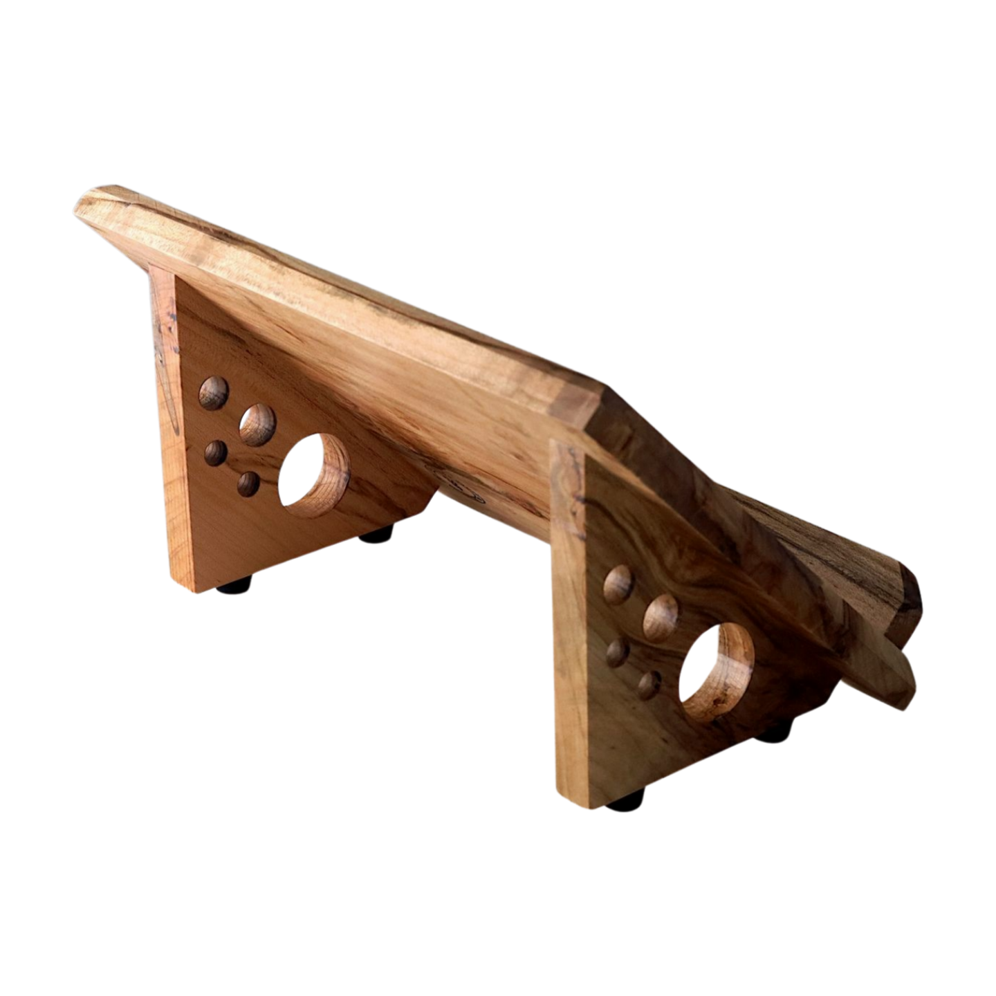 Wooden book stand with a natural grain pattern on a white background