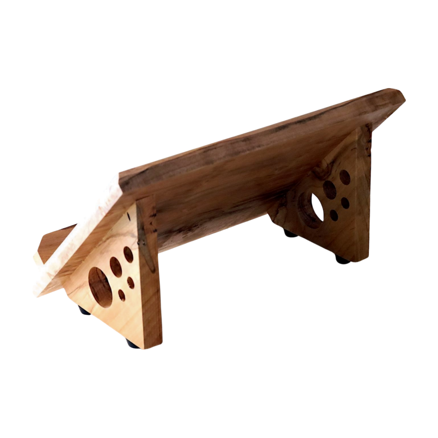 Wooden book stand with a natural grain pattern on a white background