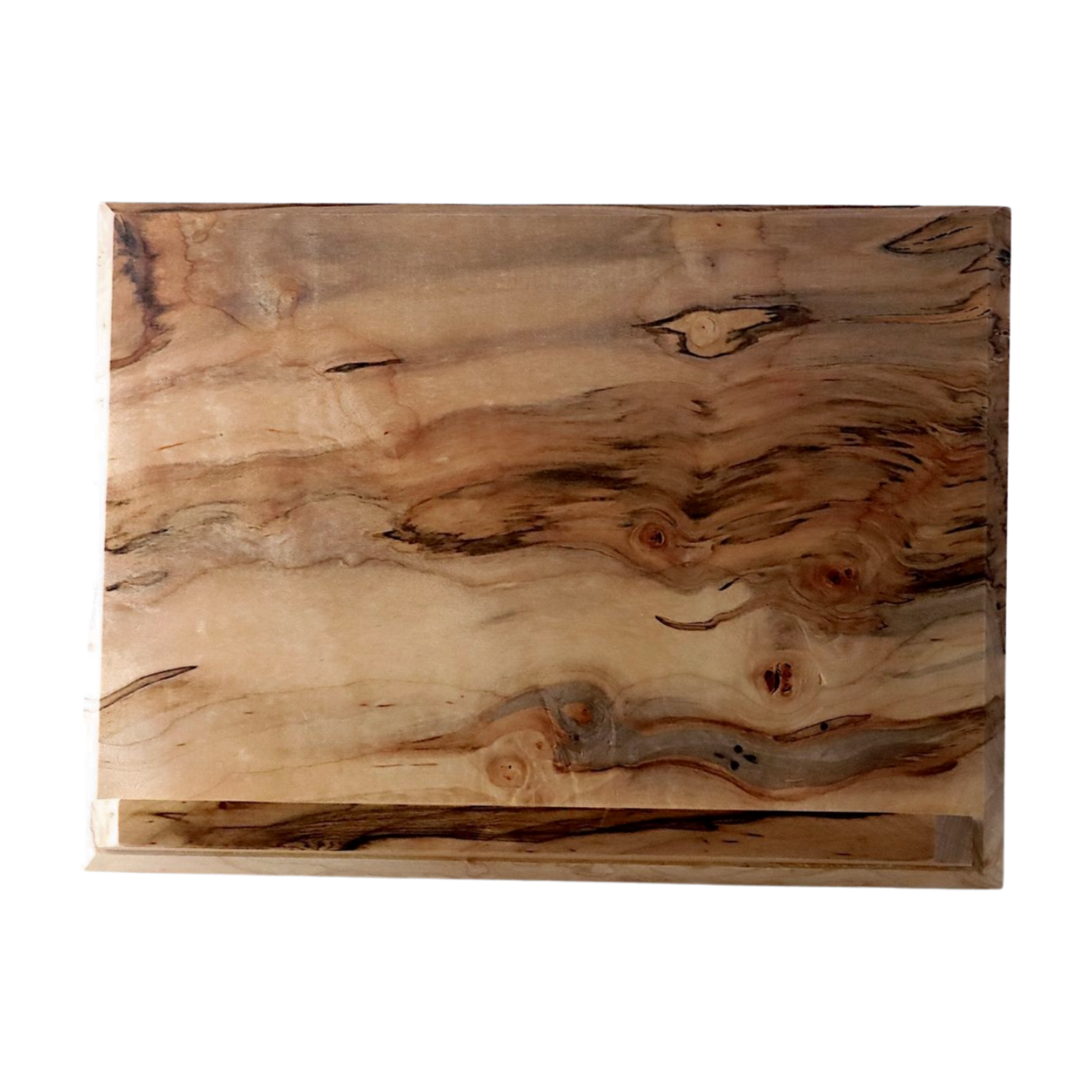 Wooden book stand with a natural grain pattern on a white background