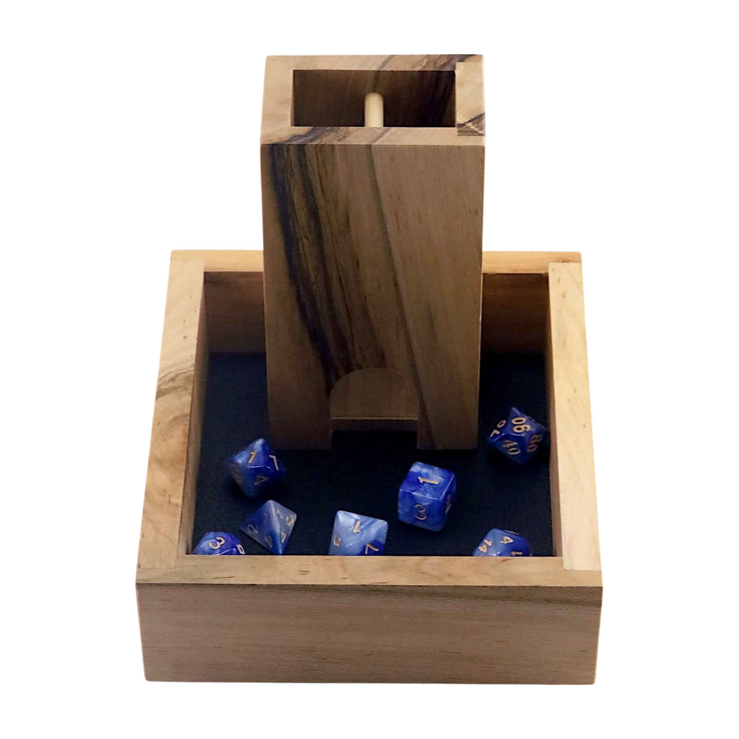Wooden dice tower and tray with blue dice on a white background