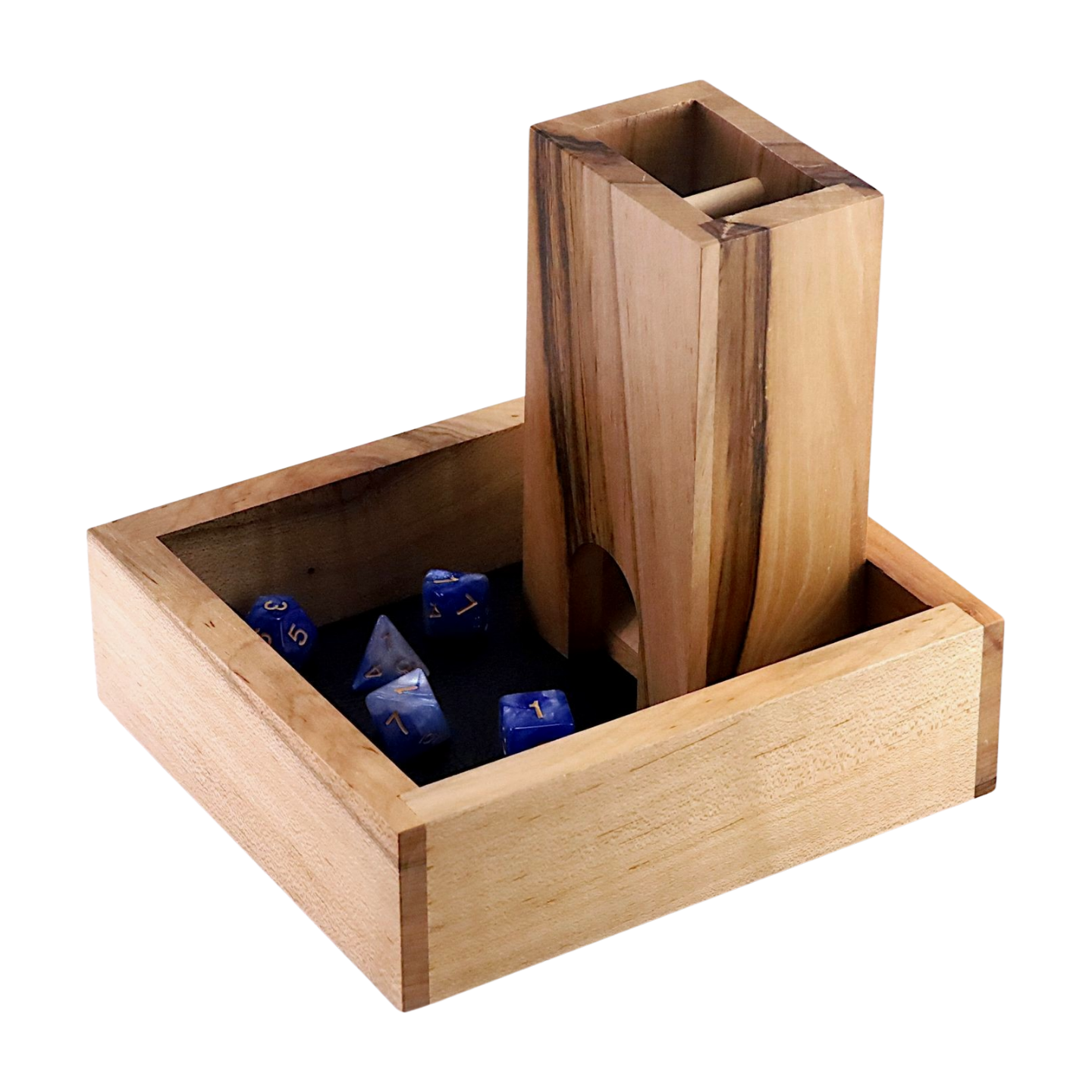 Wooden Dice Tower and Tray with Blue Dice on a White Background