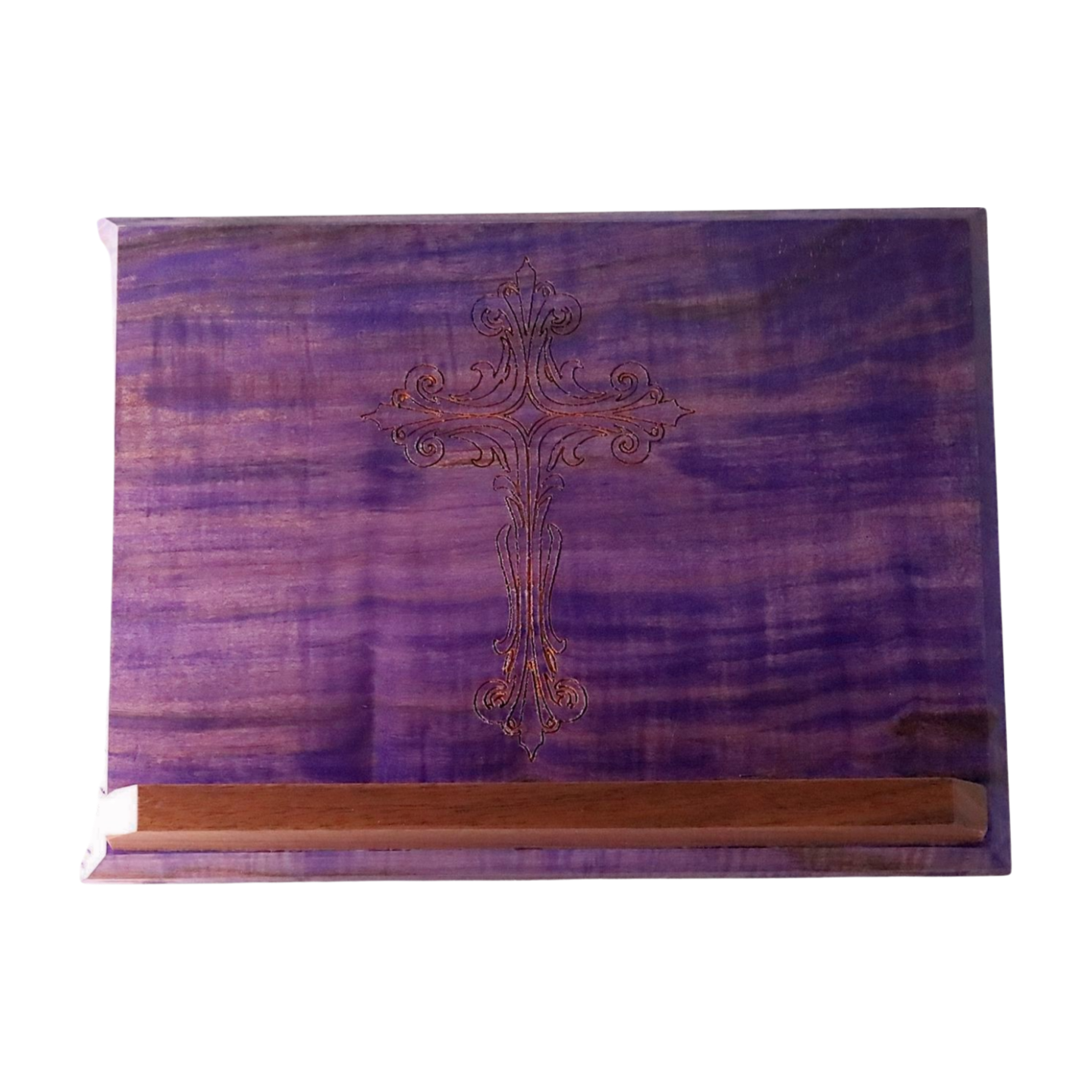Purple Wooden Book Stand with Engraved Cross on a White Background