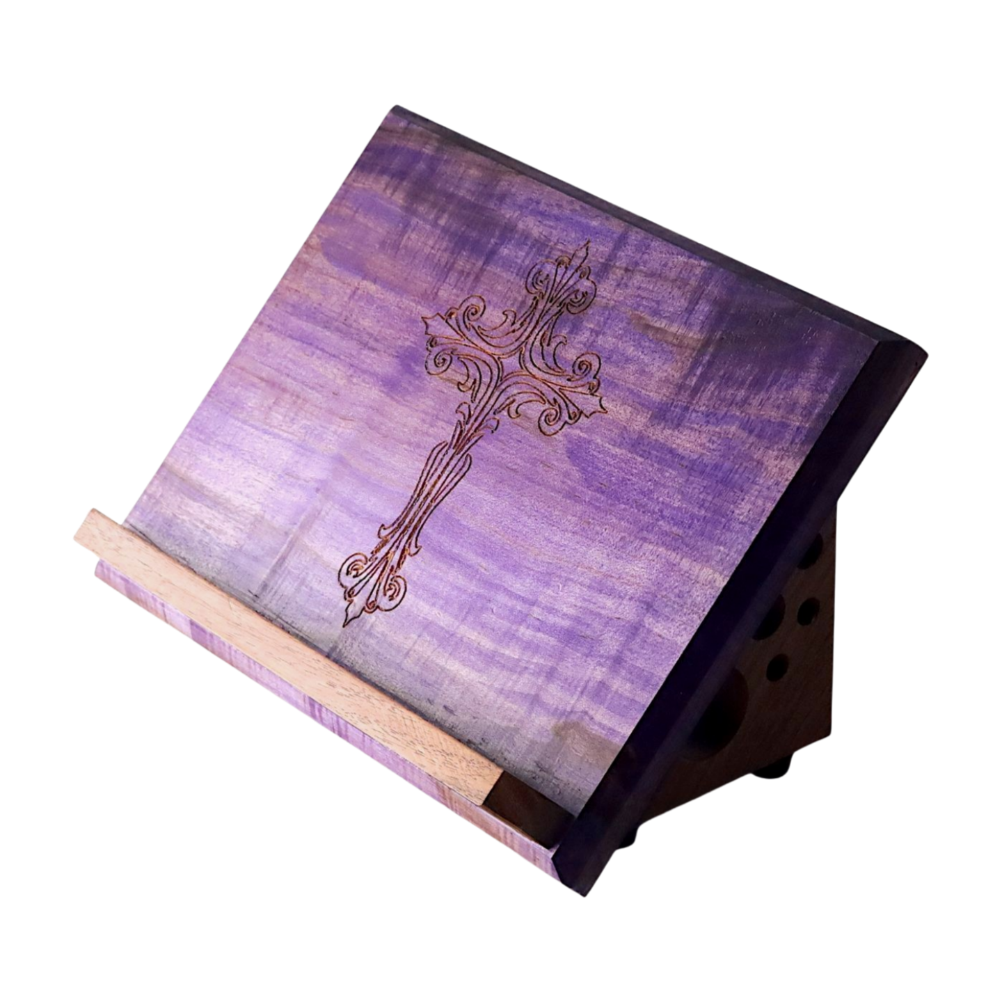Purple Wooden Book Stand with Engraved Cross on a White Background