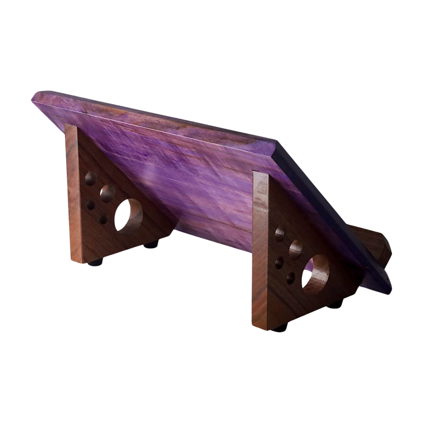Purple Wooden Book Stand with Engraved Cross on a White Background