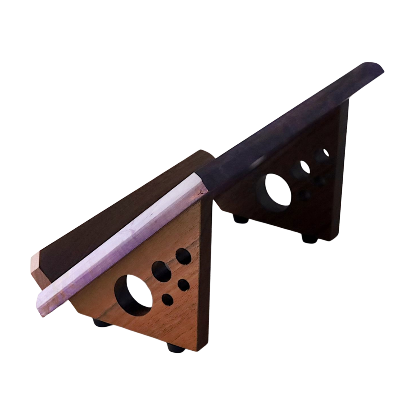 Purple Wooden Book Stand with Engraved Cross on a White Background