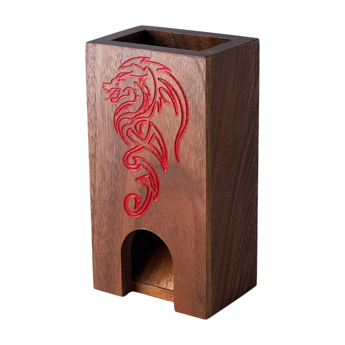 Wooden Dice Tower with Red Dragon Design