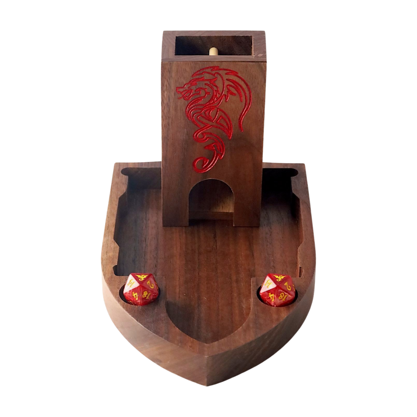 Wooden dice tray and tower with dragon design and red dice on a white background