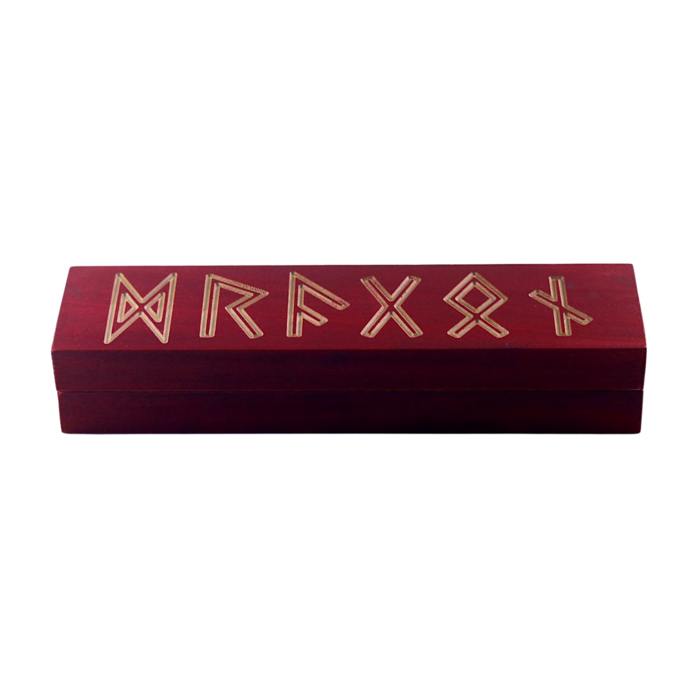 Red rectangular dice vault with natural wood rune engravings
