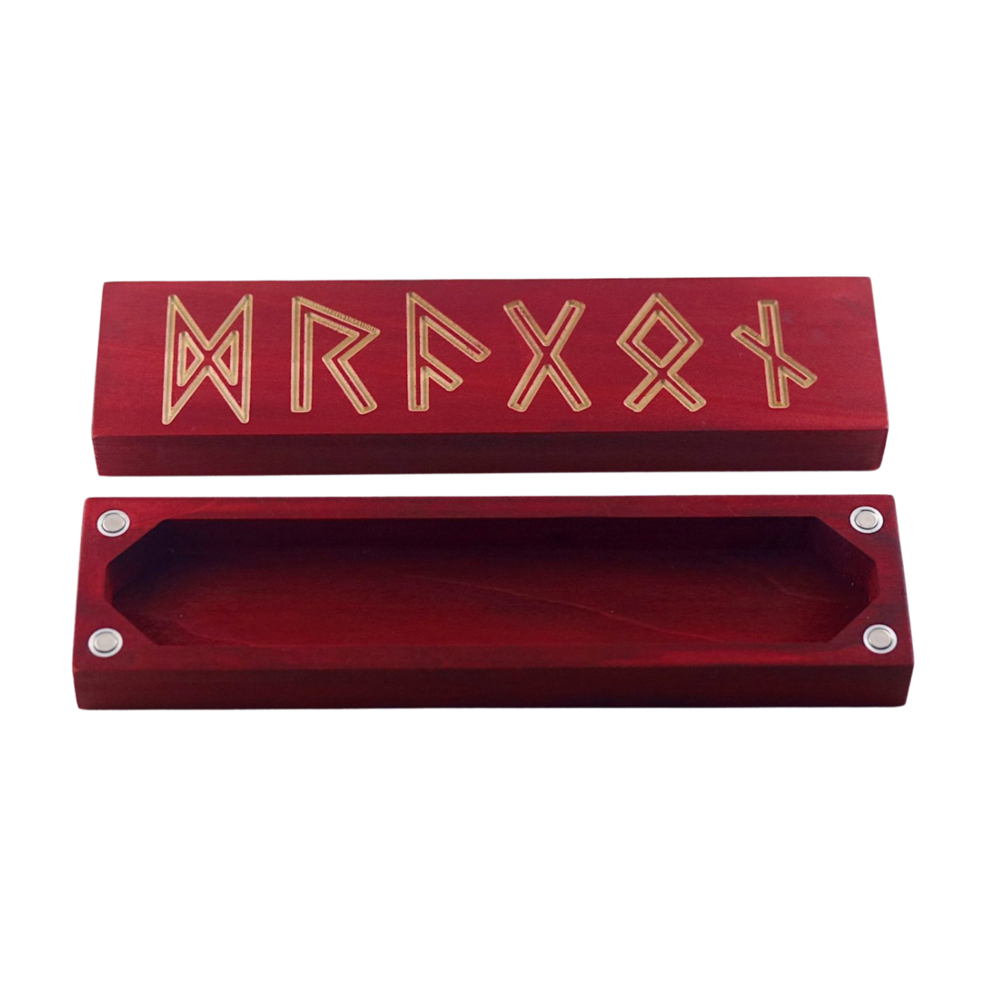 Red wooden box with natural wood decorative runes and magnetic closure