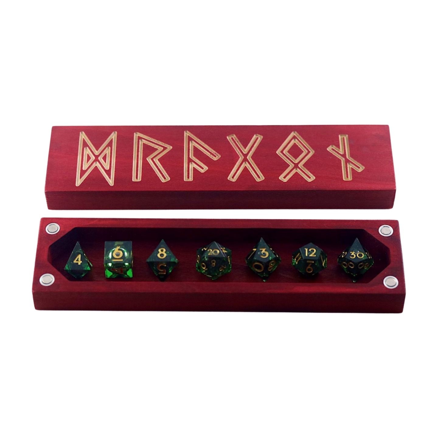 Set of green polyhedral dice with gold numbering in a red box with natural wood runes.
