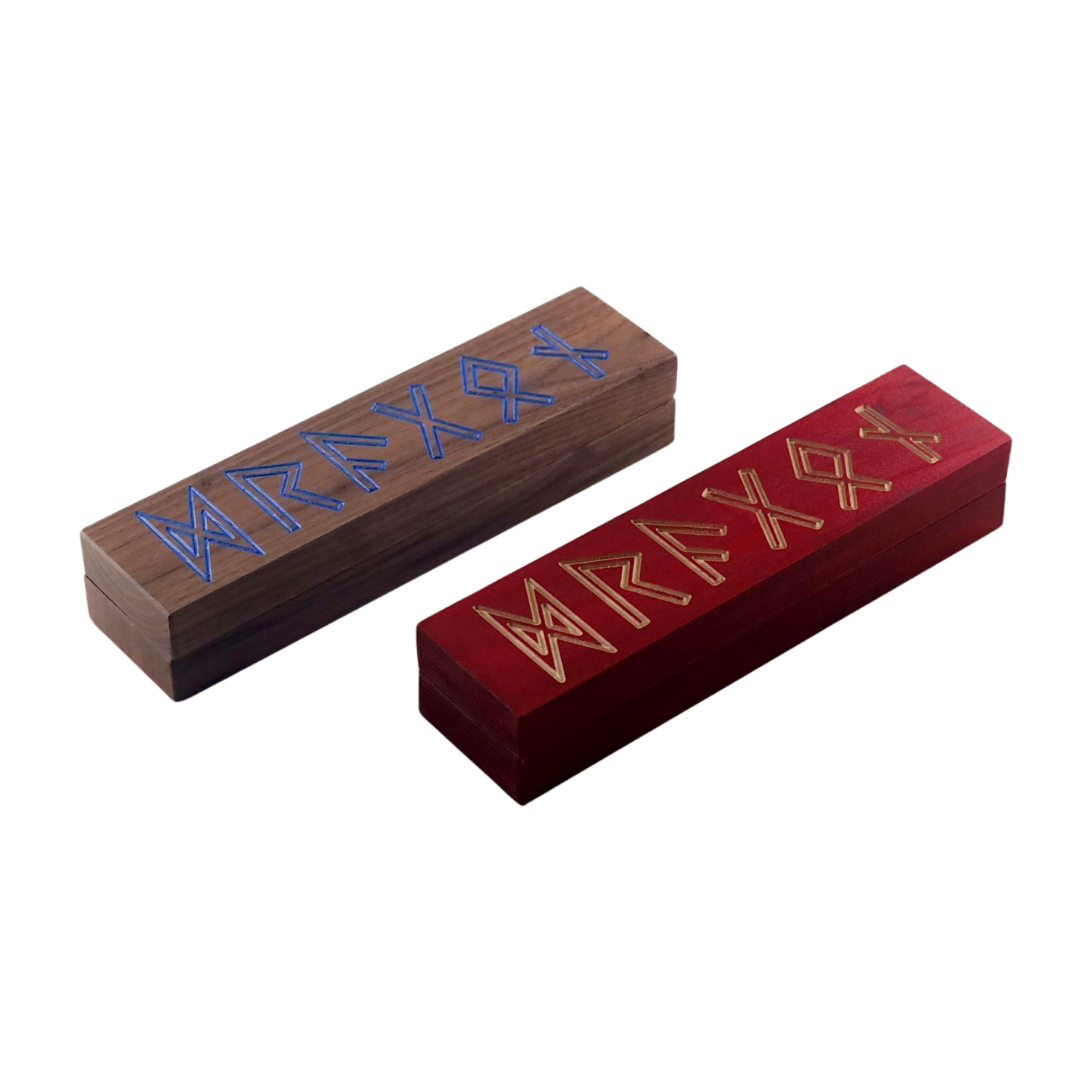 Two wooden dice boxes with engraving of runes spelling Dragon