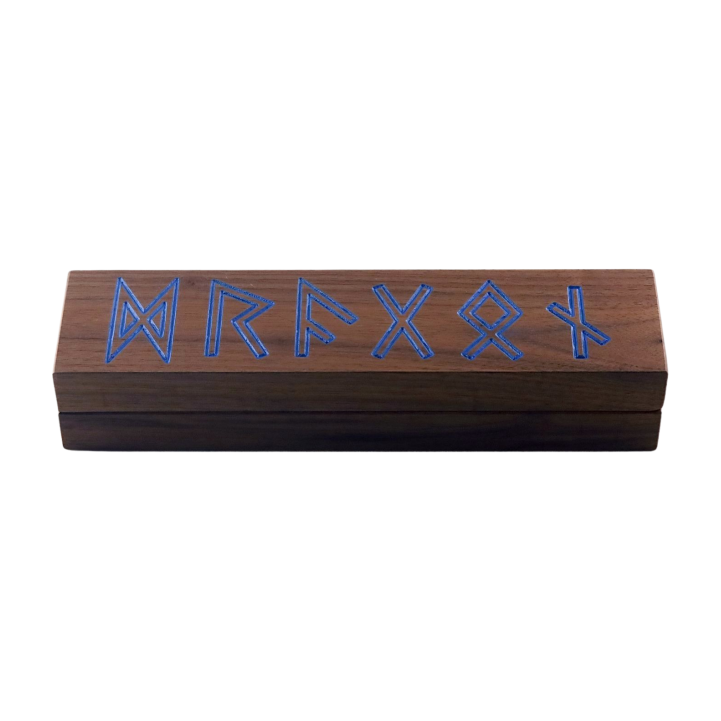 Walnut wood dice holder with blue engraved runes spelling Dragon