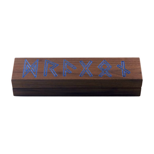 Walnut wood dice holder with blue engraved runes spelling Dragon