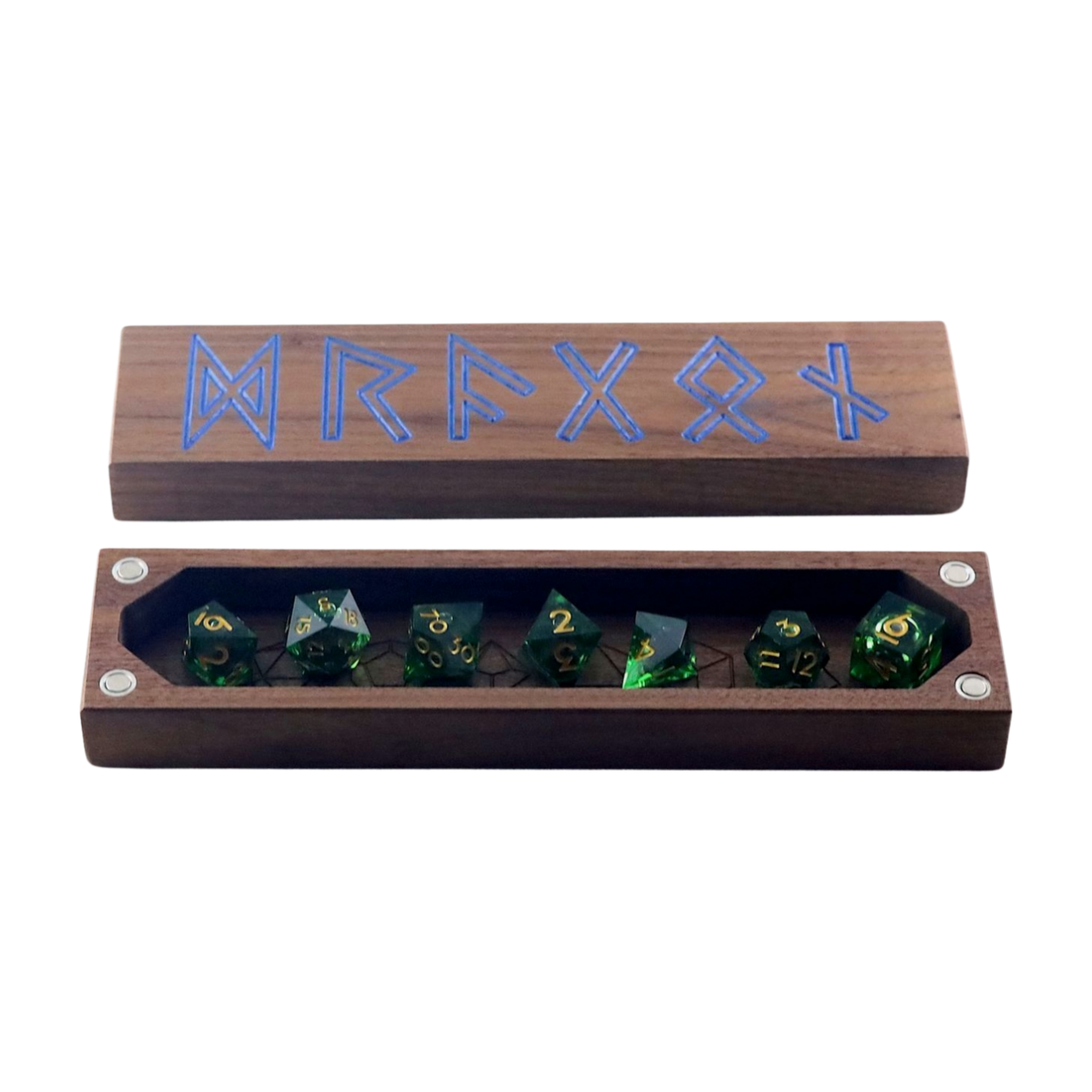 Wooden dice vault with green dice and blue runes