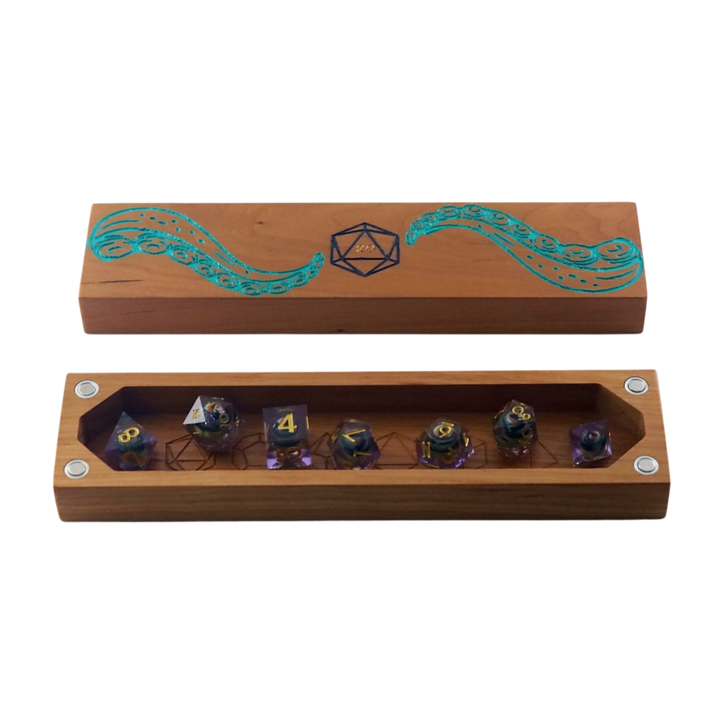 Wooden dice vault with engraved designs and seven polyhedral dice inside