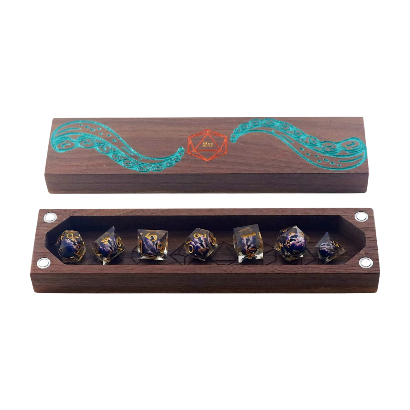 Walnut Rectangular Dice Vault with Engraved Tentacls and Seven Dice Inside