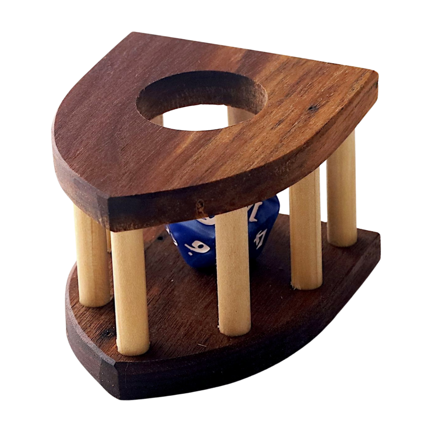 Wooden dice jail with wooden pegs on a white background