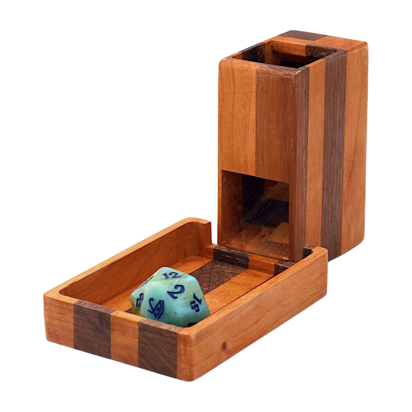 Striped wooden dice tower and tray on white background.