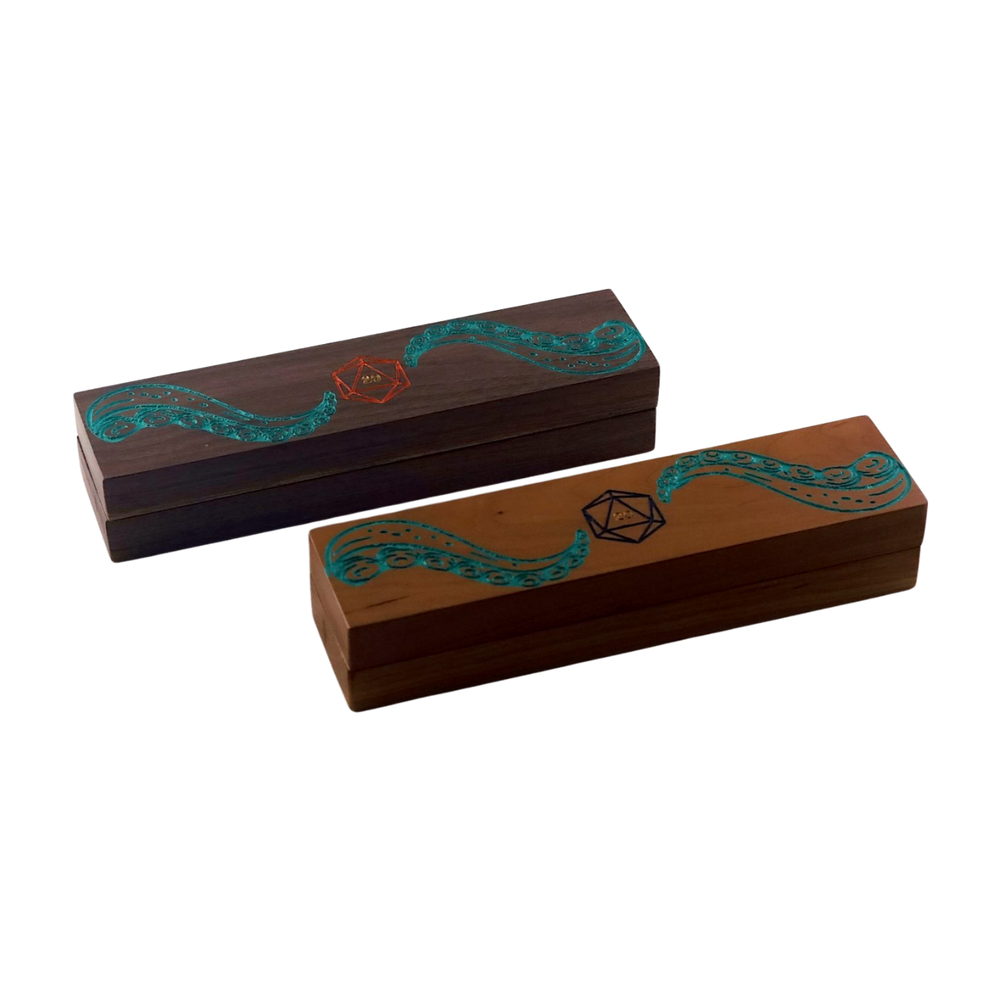 Two wooden dice boxes with engraved tentacles and a D20