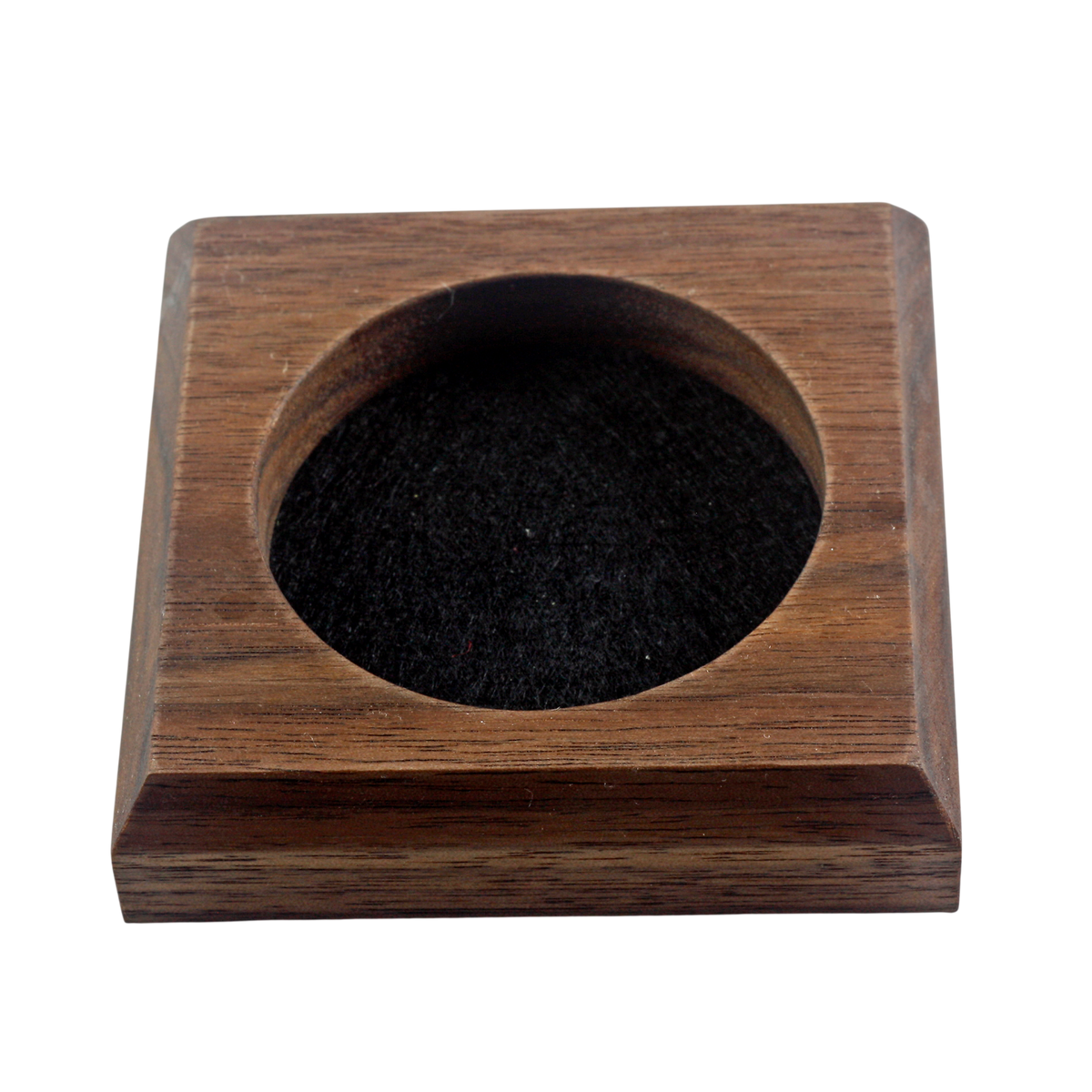 A square wooden token tray with a circular cutout in the center, filled with black felt, shown on a plain white background.