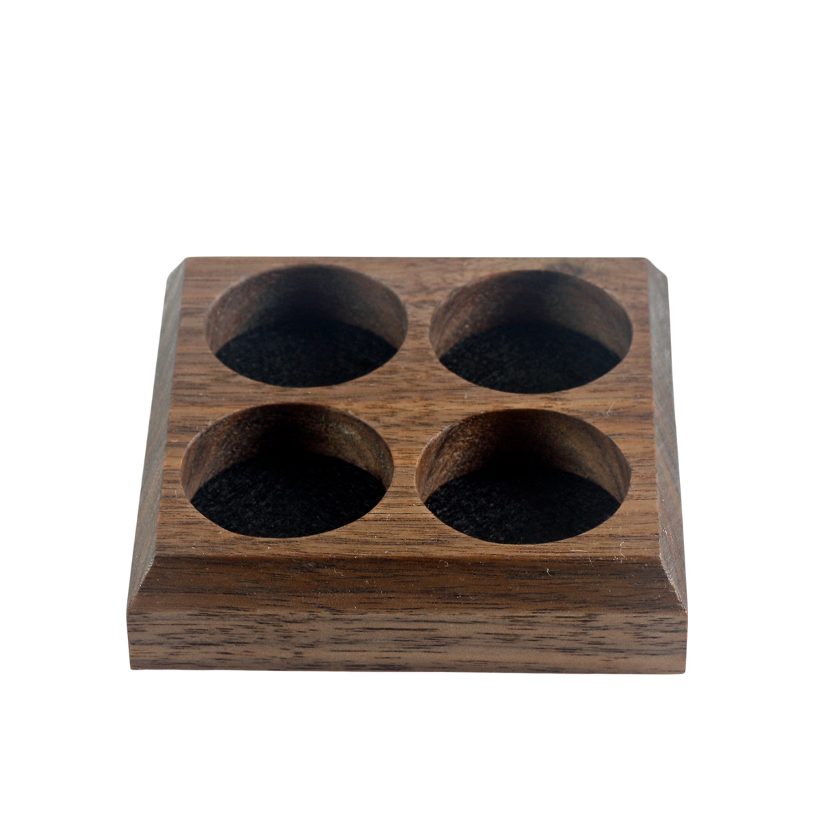 A square wooden token tray and four circular recessed wells, shown on a plain white background.