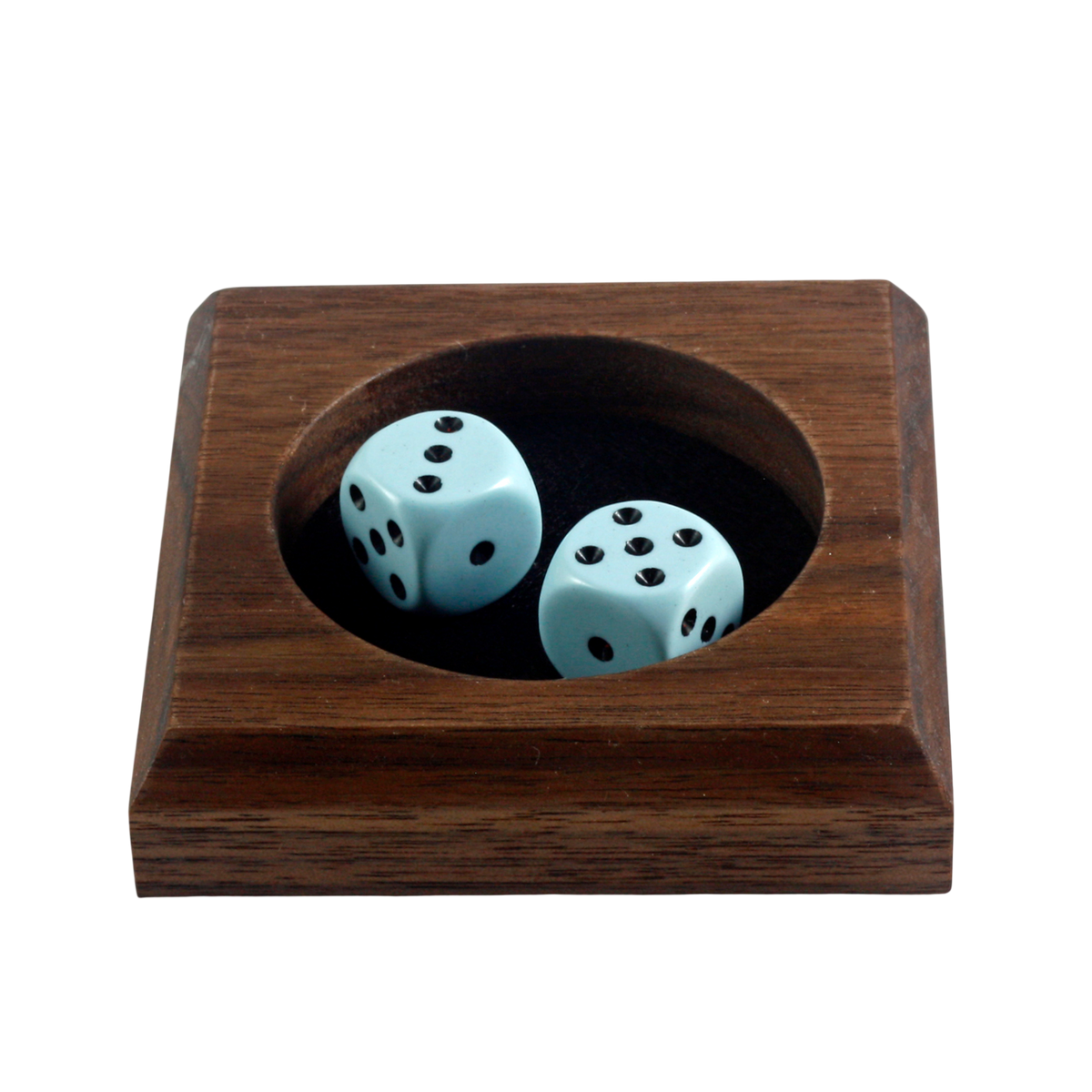 A square dark brown wooden token tray with a circular recess holding two light blue dice with black pips, shown on a plain white background.