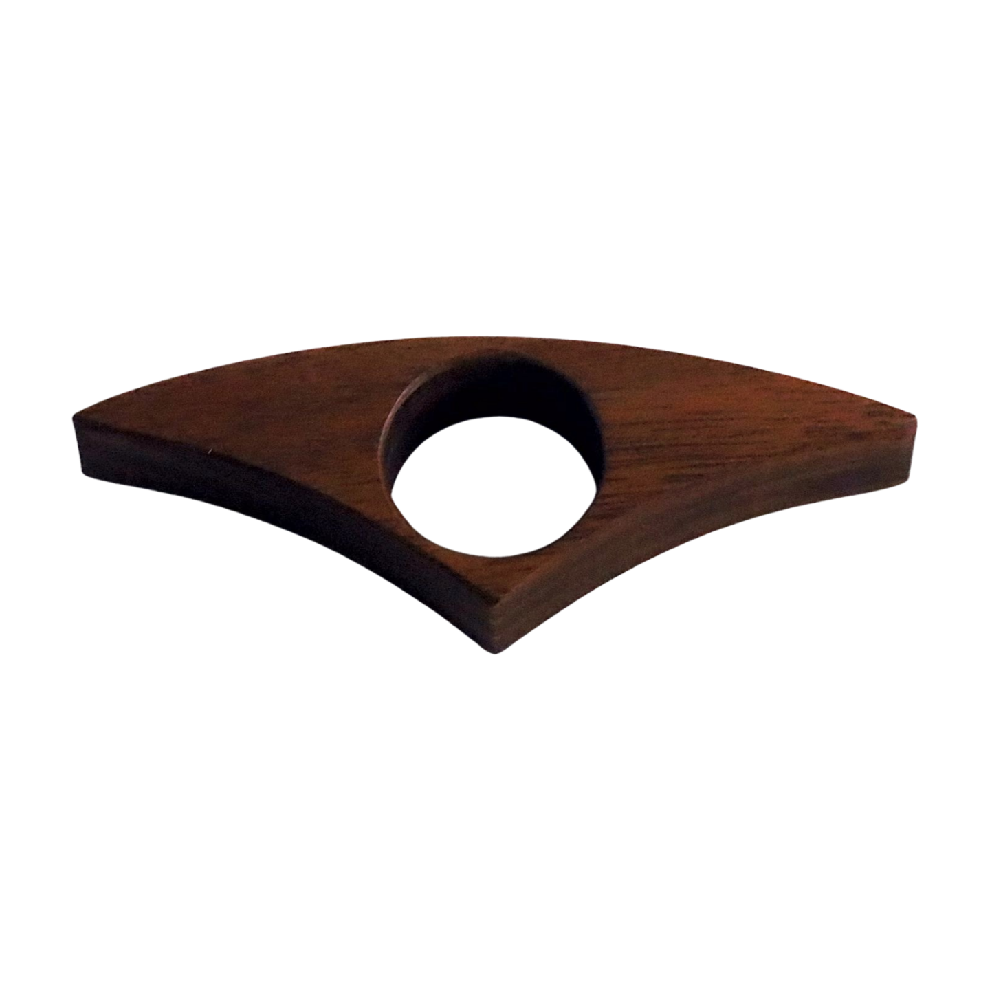 Walnut book page holder with a central circular cutout on a white background