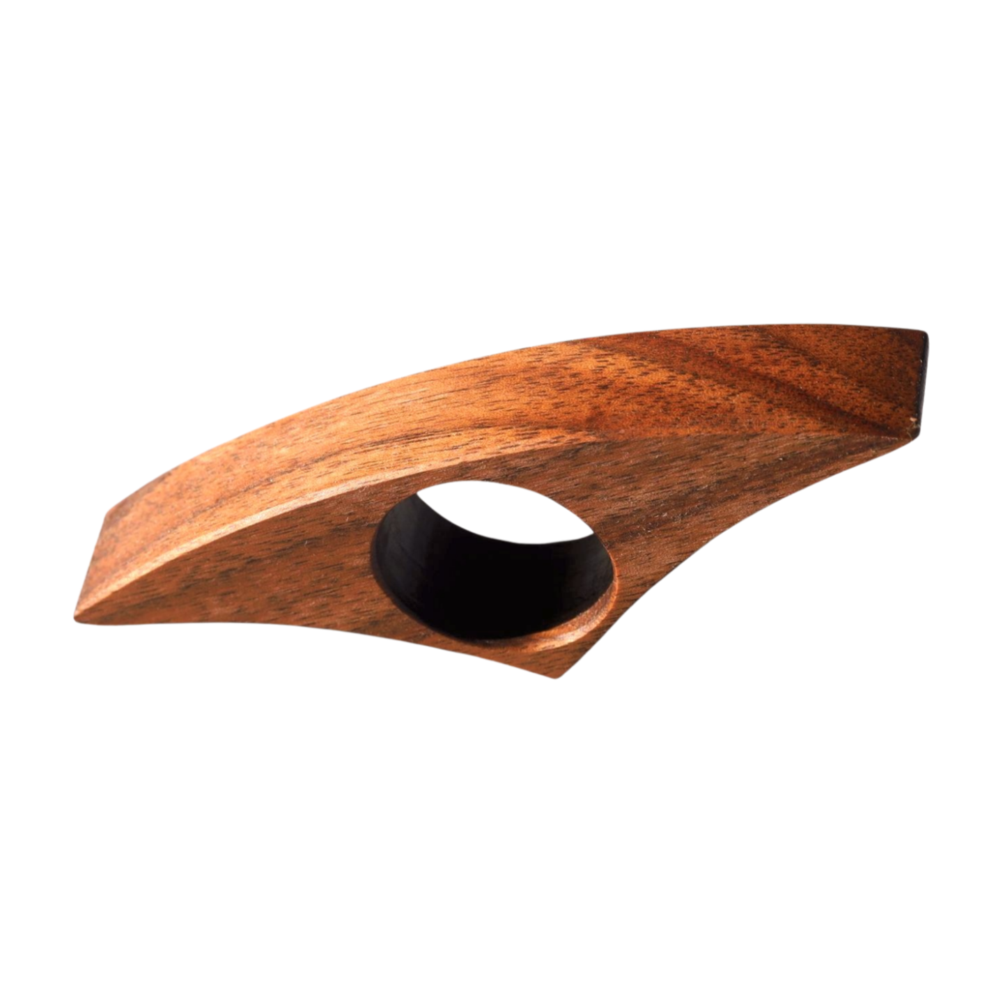 Walnut book page holder with a central circular cutout on a white background