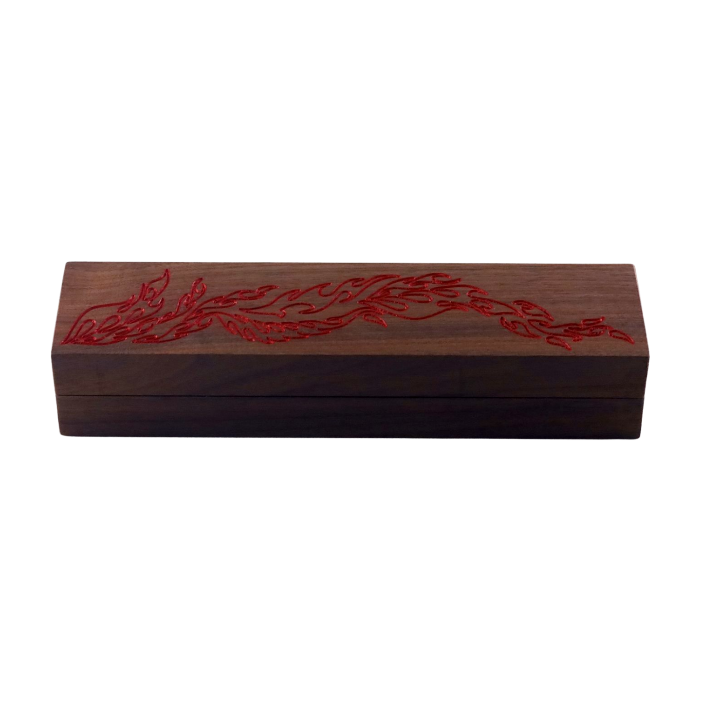 Wooden TTRPG dice box with red flame engraving