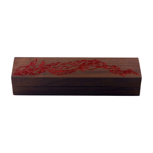 Wooden TTRPG dice box with red flame engraving