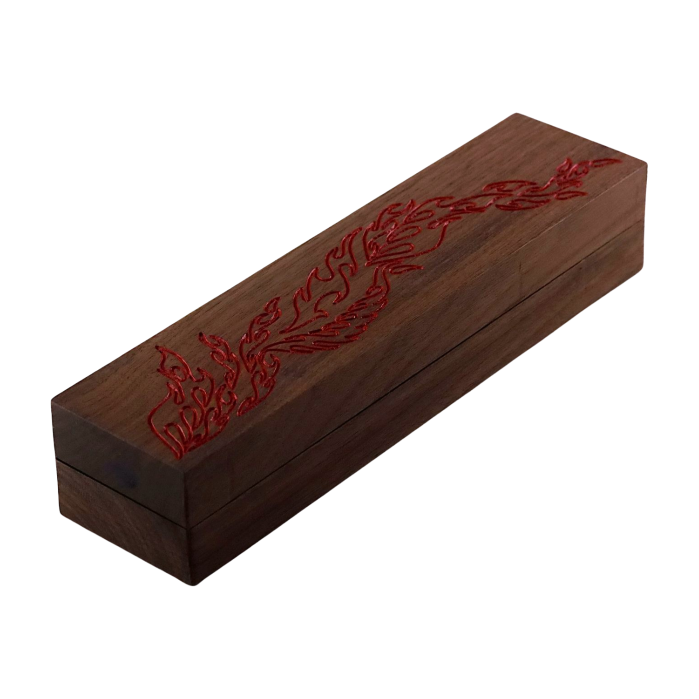 Walnut dice box with red flame engraving 