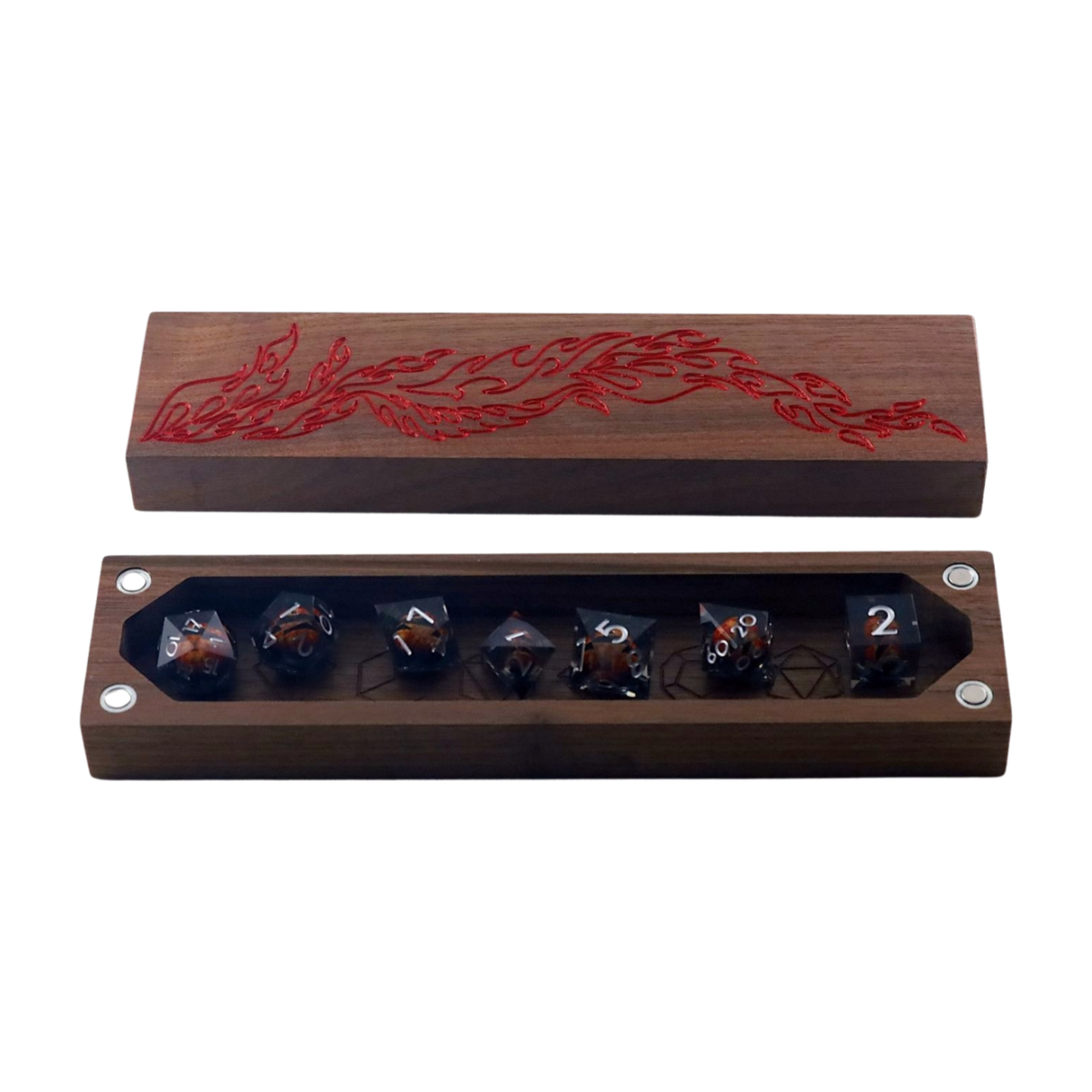 Wooden dice holder with engraved flame design and seven dice inside
