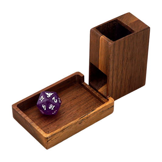 Walnut dice tower and tray with a purple die on a white background