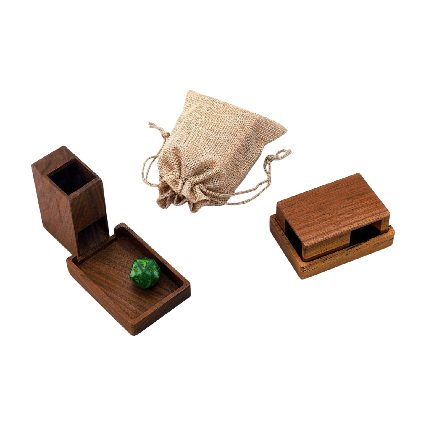 Wooden dice towers and trays and a drawstring bag on a white background