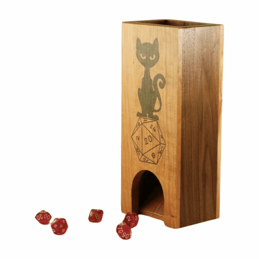 Cherry and Walnut Dice Tower with Cat D20 - Dragon Armor Games