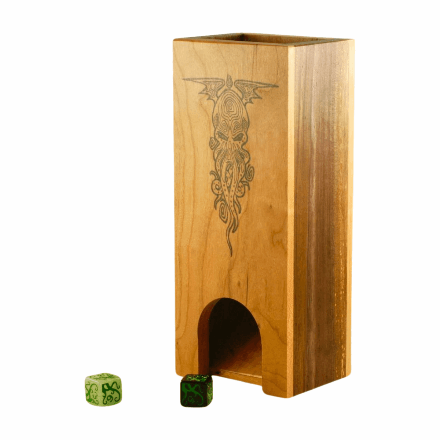Cherry and Walnut Dice Tower with Cthulhu - Dragon Armor Games