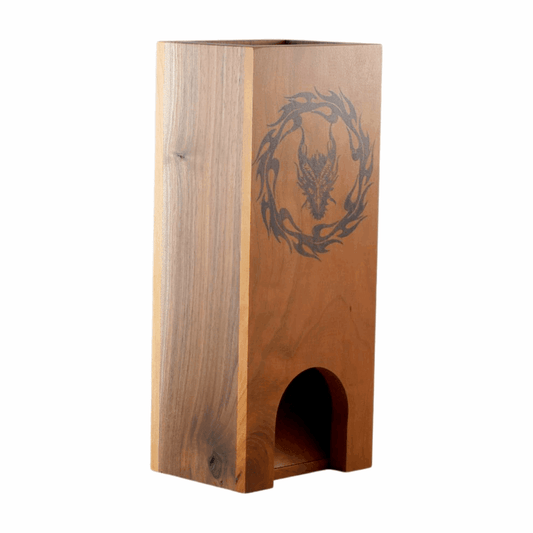 Cherry and Walnut Dice Tower with Dragon Encircled in Flames - Dragon Armor Games