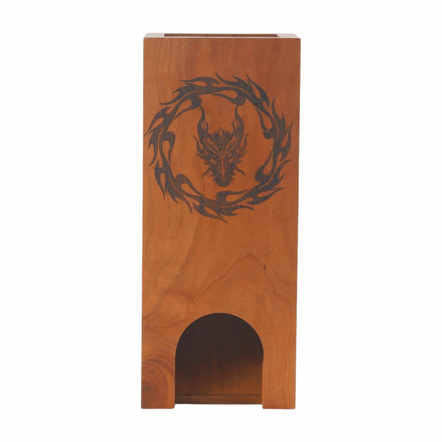 Cherry and Walnut Dice Tower with Dragon Encircled in Flames - Dragon Armor Games