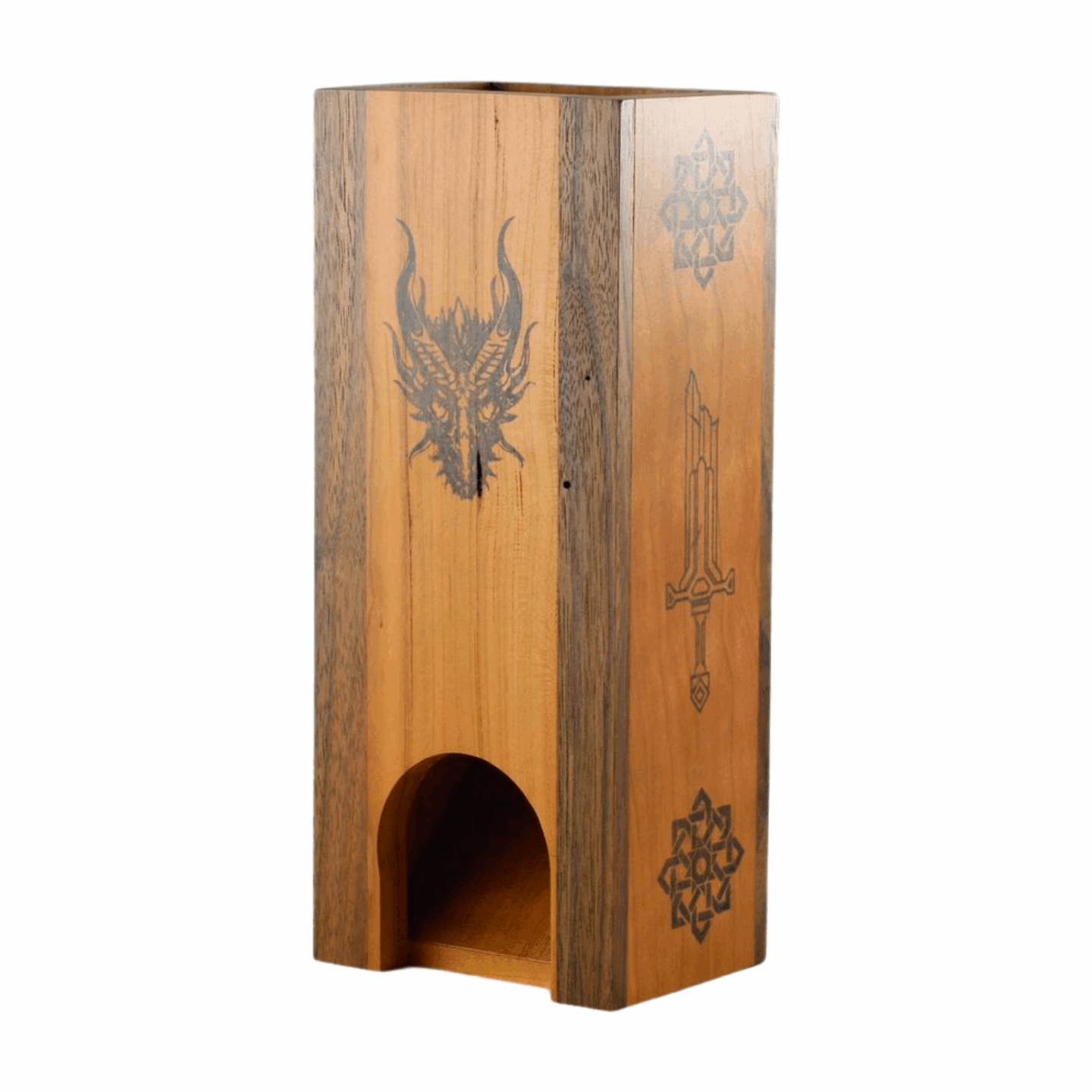 Cherry and Walnut Dice Tower with Dragon, Sword, and Knots Design - Dragon Armor Games
