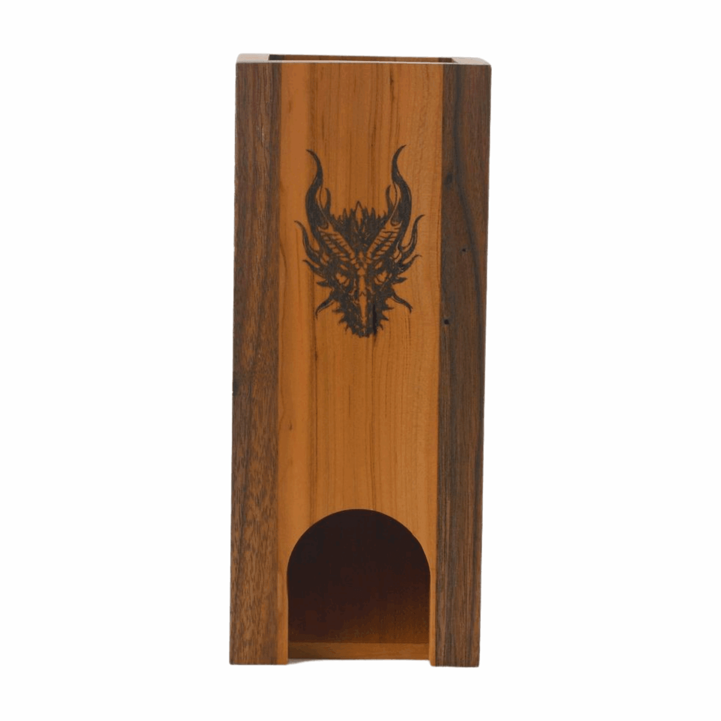 Cherry and Walnut Dice Tower with Dragon, Sword, and Knots Design - Dragon Armor Games