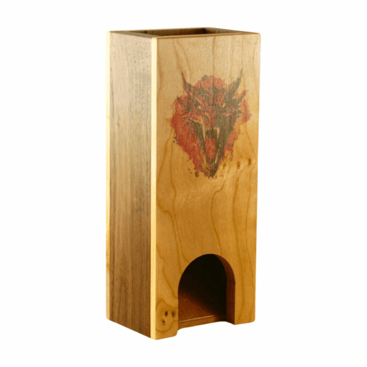 Cherry and Walnut Dice Tower with Red Dragon - Dragon Armor Games