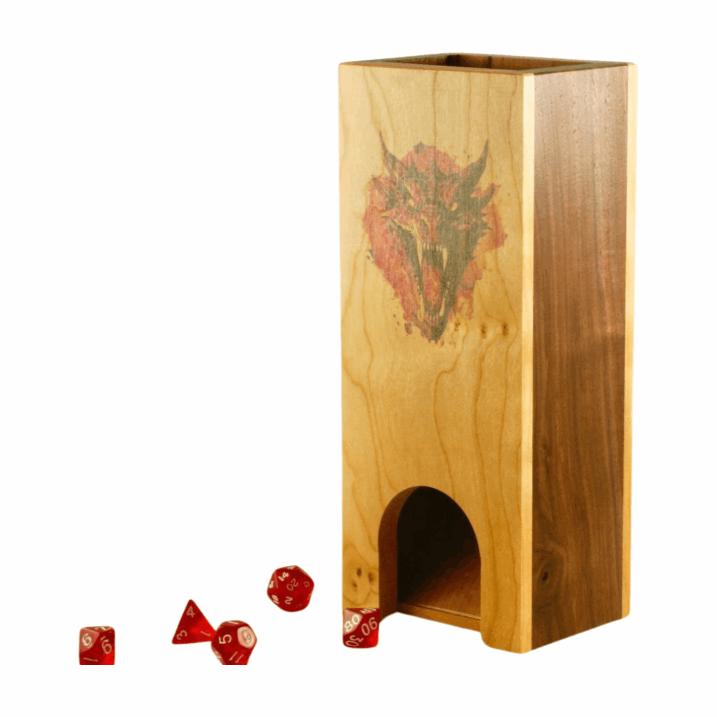 Cherry and Walnut Dice Tower with Red Dragon - Dragon Armor Games