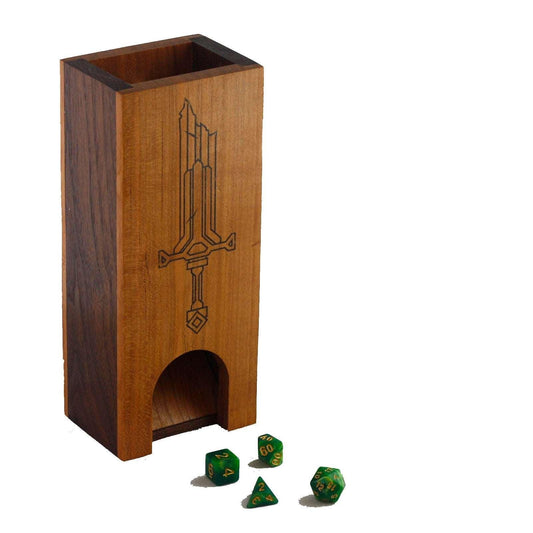 Premium hardwood dice tower made from cherry and walnut with our sword design on the front.  The front and back are made from cherry and the sides are walnut.
