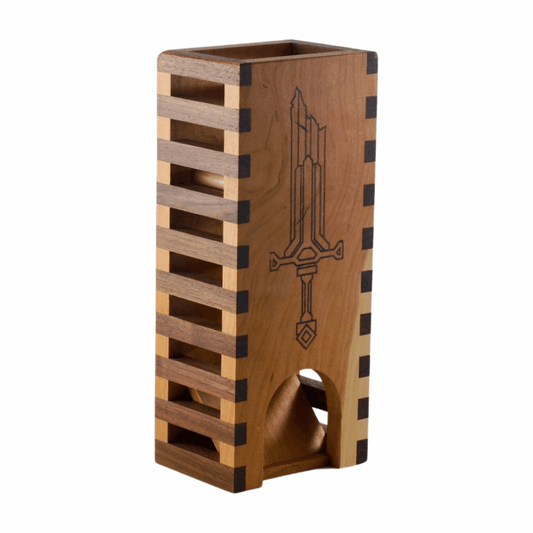 Wooden Dice Tower with Slatted Sides and Broken Sword Image