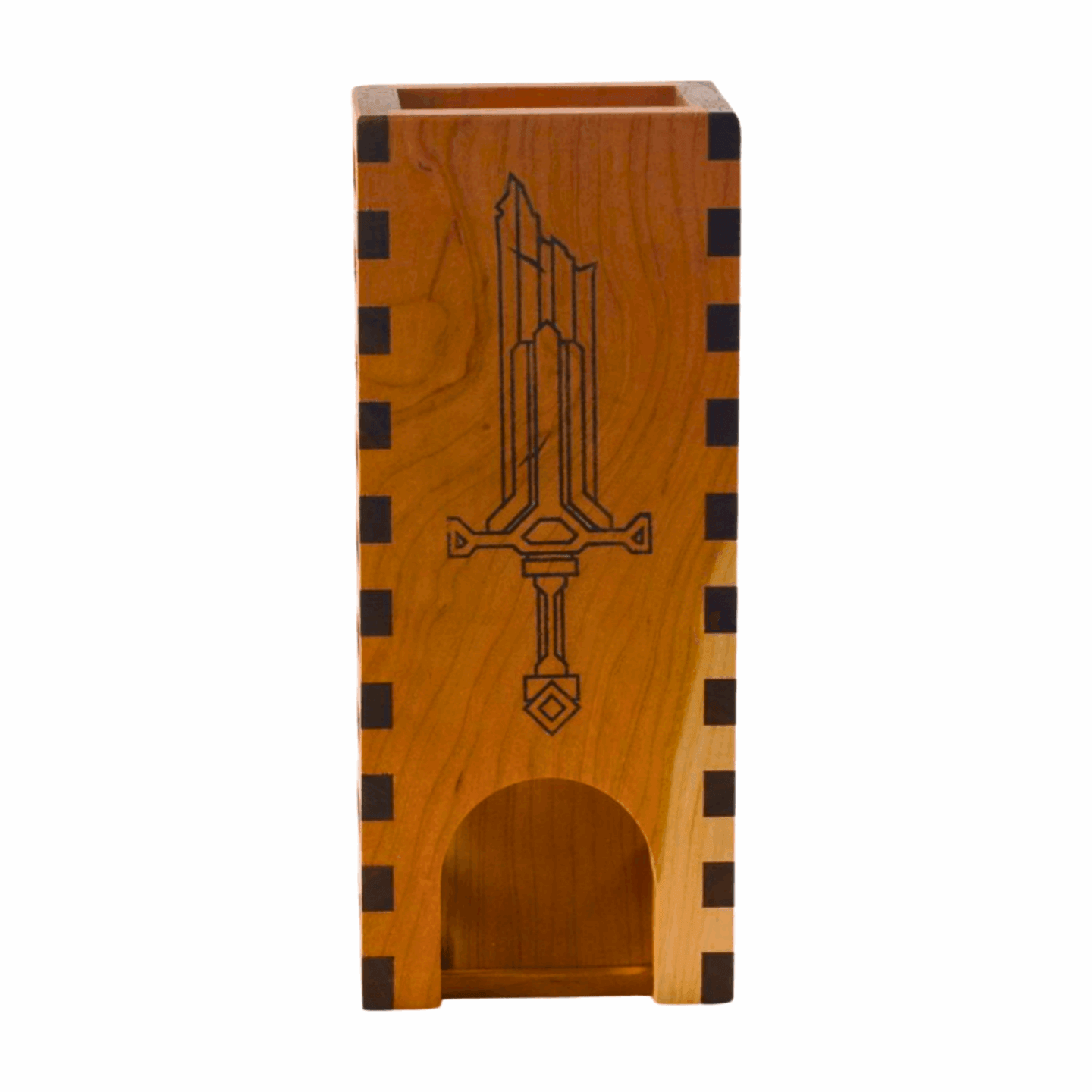 Wooden Dice Roller with Slatted Sides and Broken Sword Image Front View