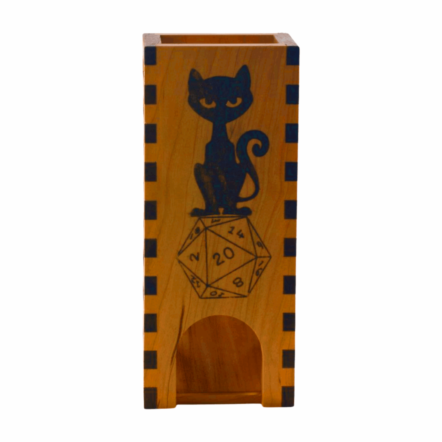 Front view of skeleton dice roller with image of black kitty on D20 die