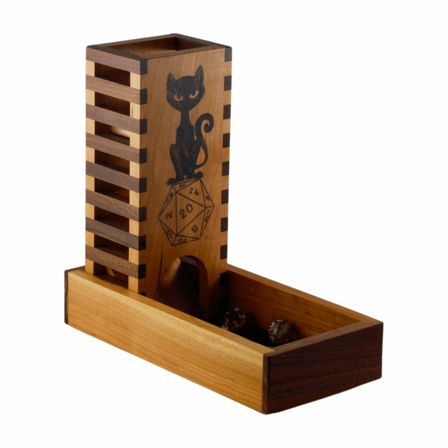 Wooden Tower with cat and D20 image in cherry and walnut dice tray