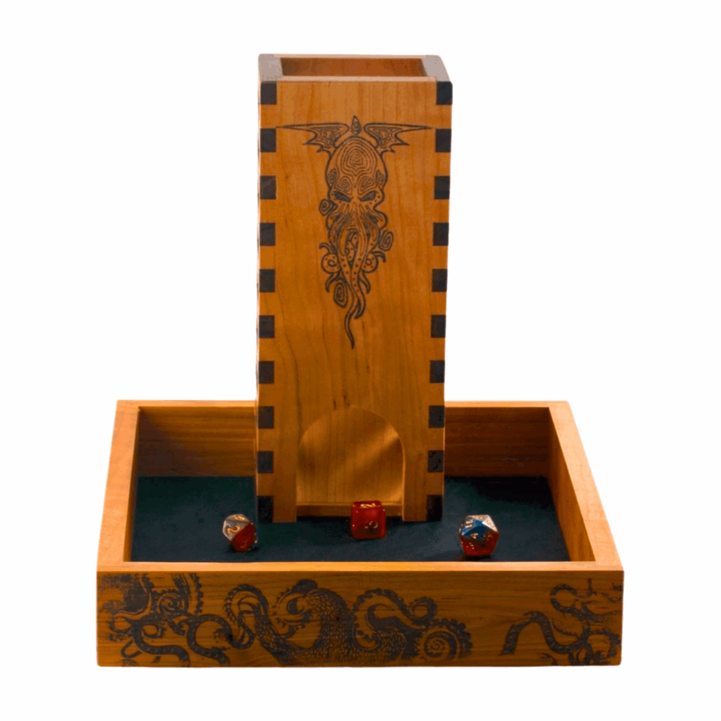 Wooden Cthulhu Dice Roller in Dice Tray with Tentacle Design and 3 Dice