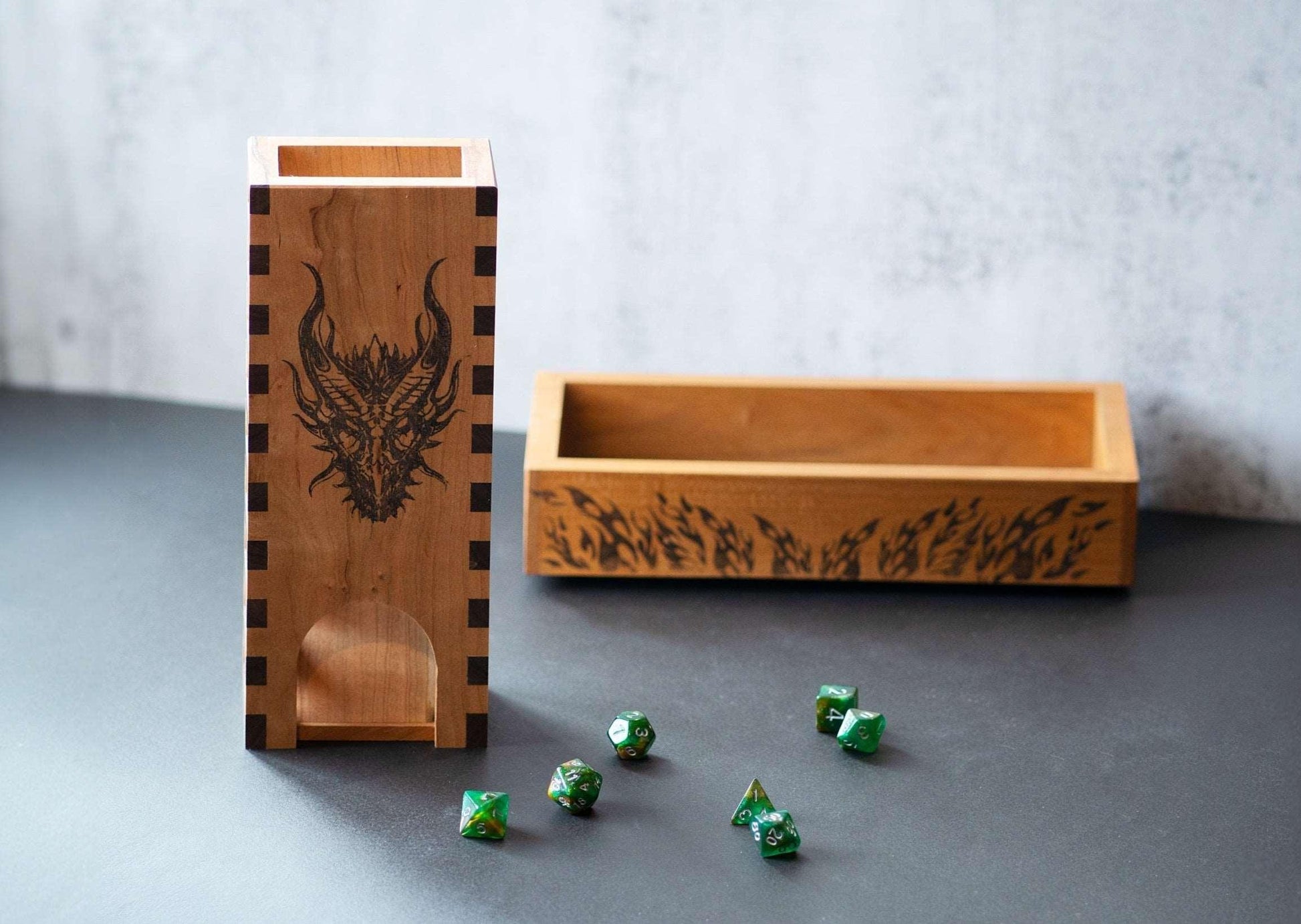 Cherry and Walnut Skeleton Design Dice Tower with Dragon - Dragon Armor Games